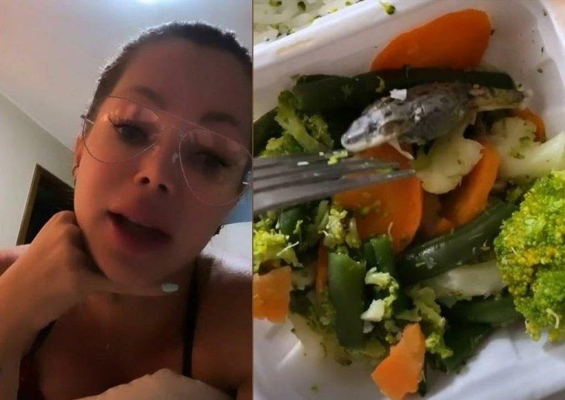 Blogueira do Piauí Shenia Magalhães encontra sapo em salada do Giraffas