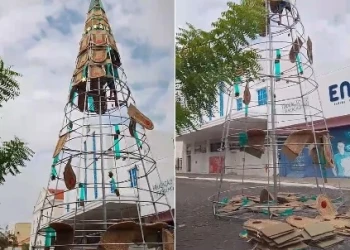 Vândalos roubam fiação e árvore de Natal é desmontada na Praça Pedro II; vídeo