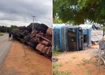Carreta carregada de madeira tomba e motorista sai ileso no Sul do Piauí