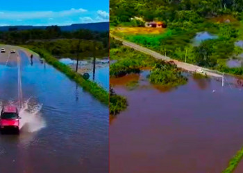 Rio Gurguéia transborda e água invade trecho da BR-135; Prefeitura alerta motoristas