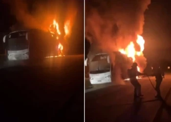 Ônibus de turismo fica destruído em incêndio na BR-343, em Floriano; vídeo