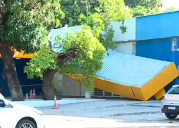 Marquise do hospital do Matadouro cai ao ser atingida por árvore em ventania