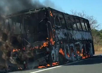 Ônibus de turismo pega fogo na BR 316 em Monsenhor Gil