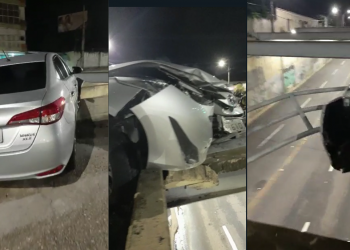 VÍDEO: Motorista perde controle, avança sobre grade do viaduto da Higino Cunha e quase cai