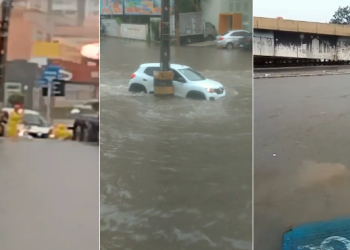 Chuva forte alaga ruas, arrasta carros e derruba barranco em Teresina