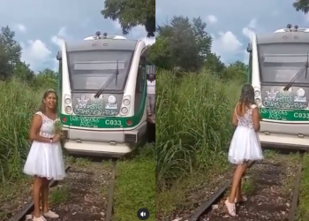 Vestida de noiva, mulher pede metrô de Teresina em casamento e vídeo viraliza