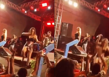 Cantora da banda Forró dos Plays cai do palco durante show no Piauí; vídeo