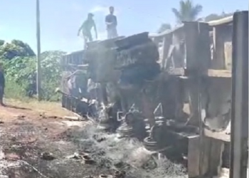 Carreta carregada de frango tomba e pega fogo na BR-135, no Piauí
