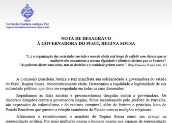 Comissão Brasileira Justiça e Paz lança nota de solidariedade à governadora Regina Sousa