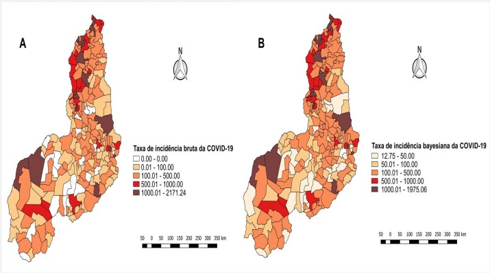 Mapas elaborado pelos pesquisadores para identificarem incidência de covid-19 no estado