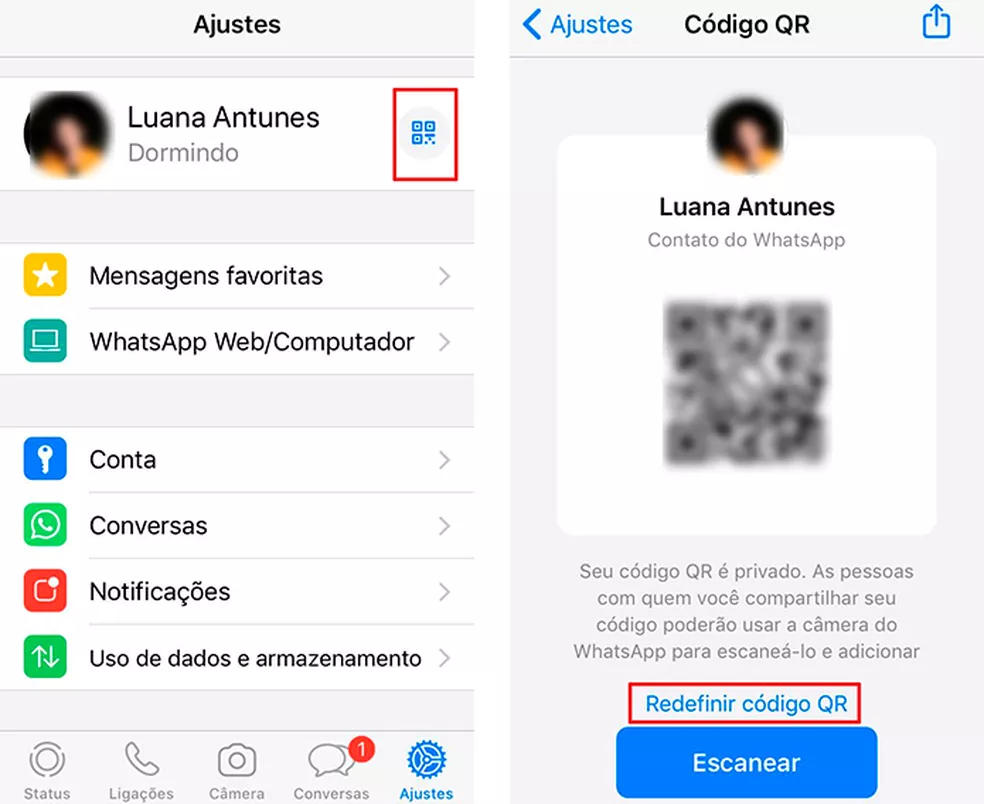 O WhatsApp permite redefinir o Código QR para maior segurança — Foto: Reprodução/Luana Antunes