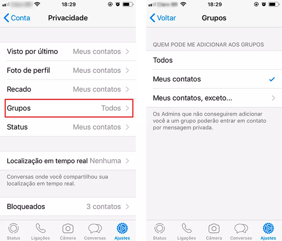 Selecionar quem pode te adicionar em grupos aumenta a privacidade no WhatsApp — Foto: Reprodução/Luana Antunes