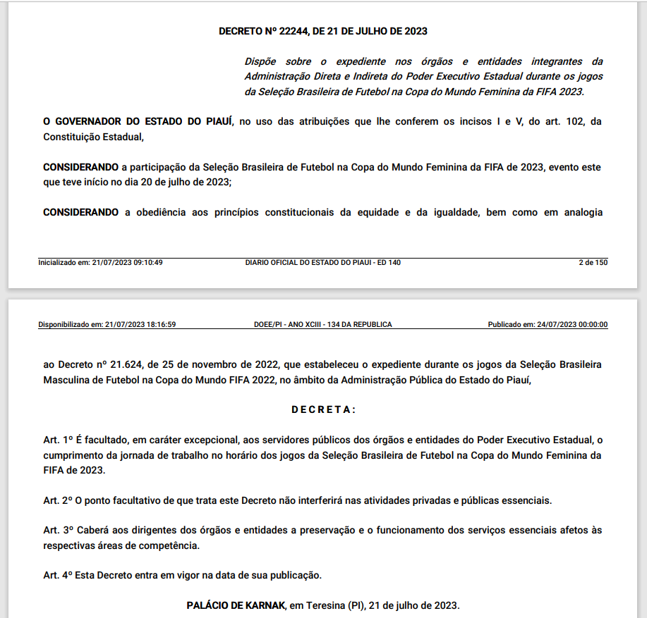 COPA DO MUNDO FEMININA – Decreto altera horário de início de