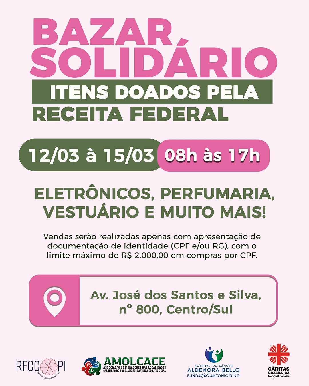 Bazar solidário acontece de 12 a 15 de março em Teresina