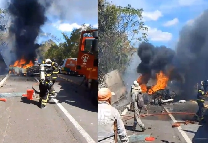 Corpo de Bombeiros combate incêndio em veículos na BR-316, em Caxias