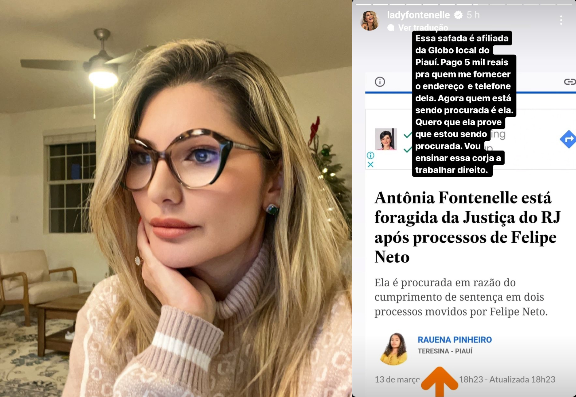 Antonia Fontenelle xinga e oferece R$ 5 mil por endereço de jornalista piauiense