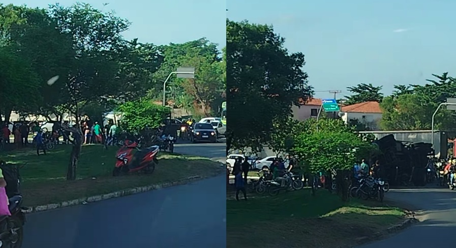 Caminhão com carga de cerveja tomba em rotatória em Teresina