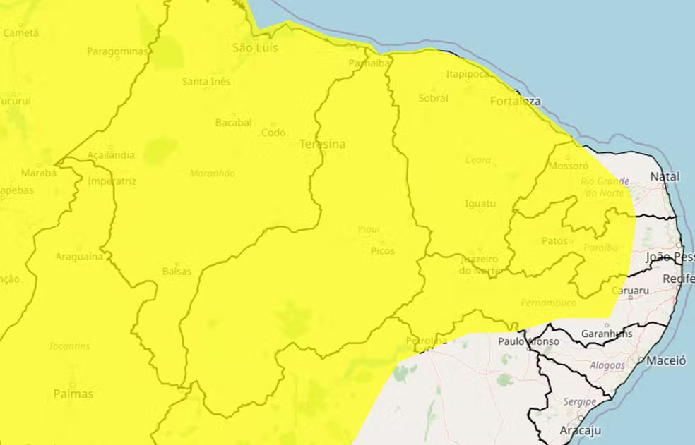 O Piauí segue em alerta amarelo, com risco potencial de chuvas intensas