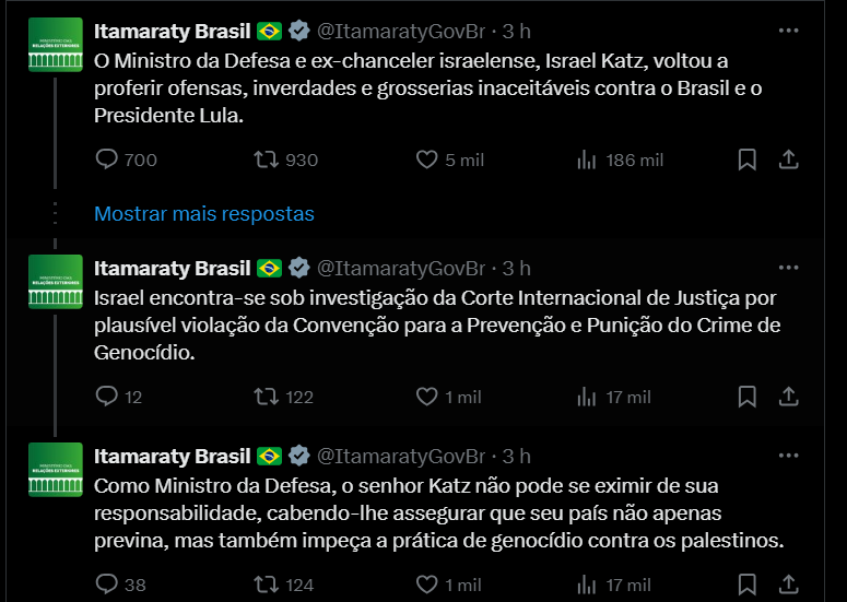 Em publicação na rede social X, Itamaraty reage à ataques contra Lula