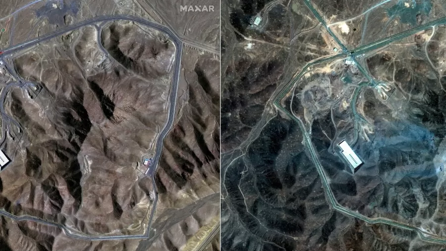 Complexo da Usina Nuclear de Fordow, no Irã, em 20 de junho (à esquerda), antes do ataque dos EUA, e em 22 de junho, após ataque.