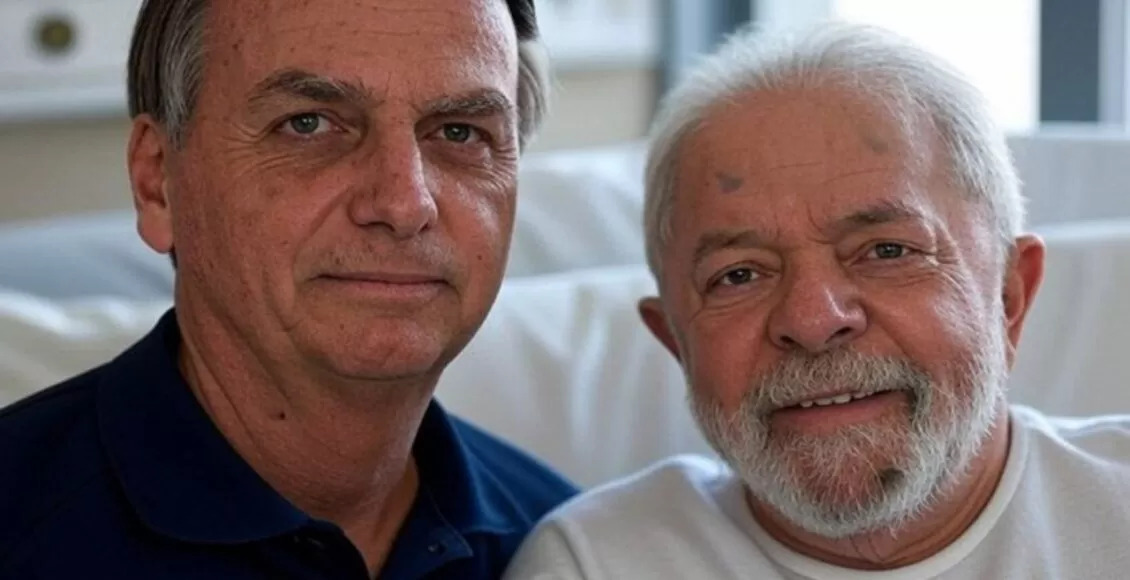 Montagem de Jair Bolsonaro (PL) ao lado do presidente Lula (PT) no hospital