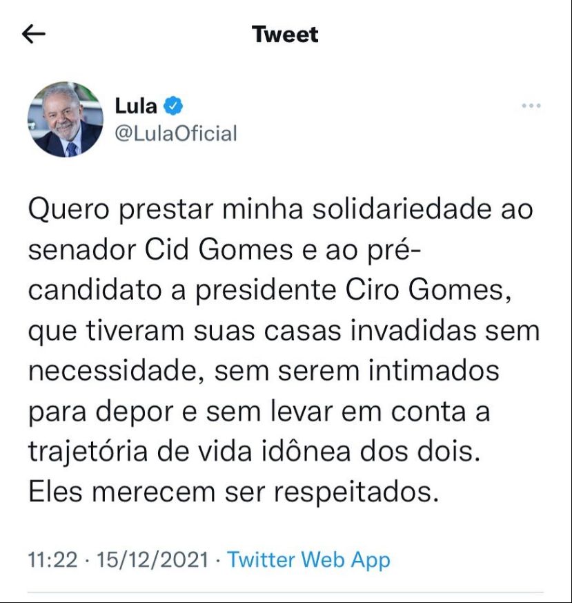 Mensagem de Lula no Twitter