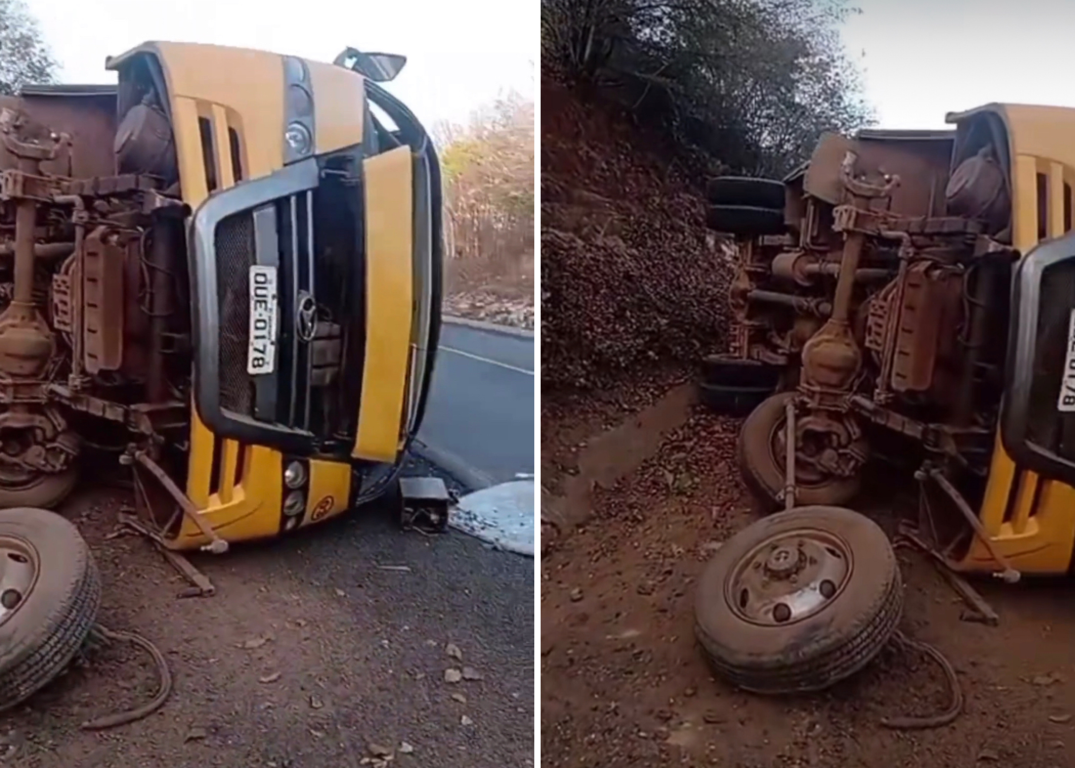 Ônibus escolar tombou após colidir em uma rocha