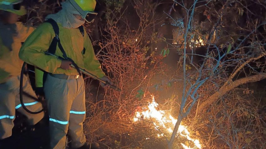 Bombeiros florestais apagando o fogo na comunidade Los Sirios, no município San José de Chiquitos, na Bolívia