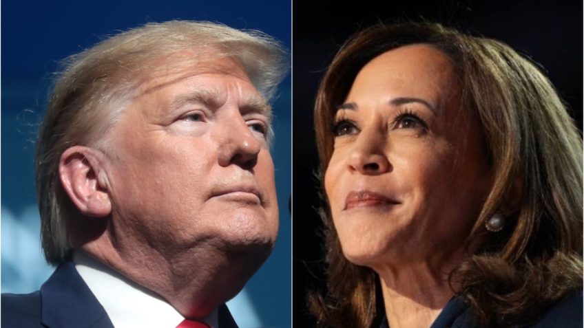 Na imagem, o ex-presidente Donald Trump (esquerda) e a vice-presidente Kamala Harris (esquerda)