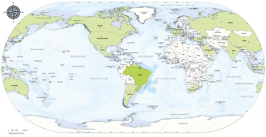 O mapa tem destaque para os países que compõem o grupo das 20 maiores economias do mundo