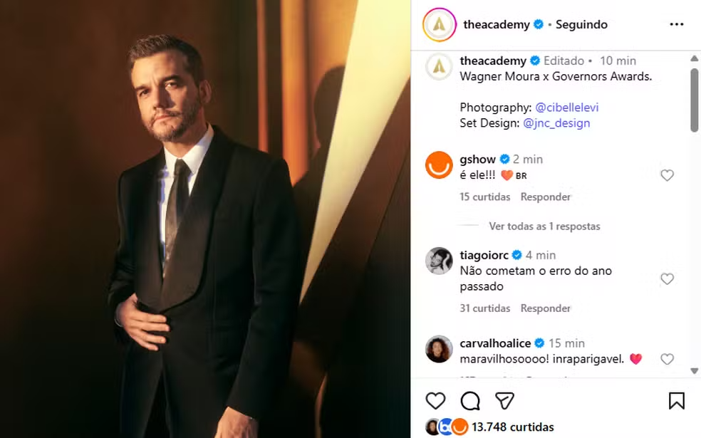 Em uma hora após a publicação, da  foto de Wagner Moura no perfil do Oscar, já havia mais 93 mil curtidas e 27 mil comentários