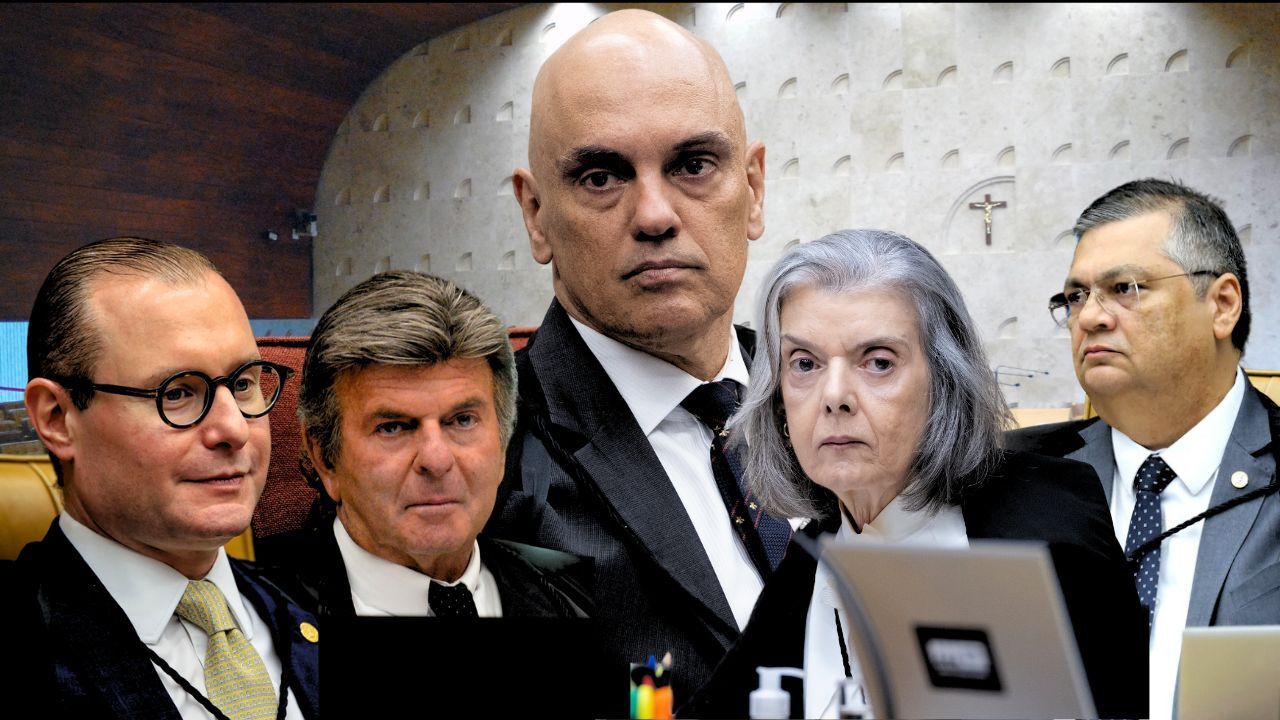 Os ministros da Primeira Turma do STF: Cristiano Zanin, Luiz Fux, Alexandre de Moraes, Cármen Lúcia e Flávio Dino