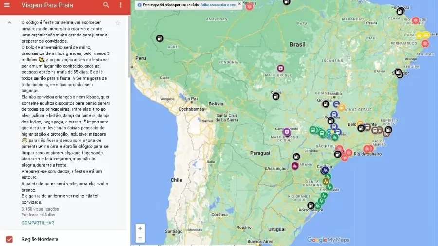 Mapa online 'Viagem para Praia', que lista locais de saída de ônibus para atos golpistas e contatos de organizadores
