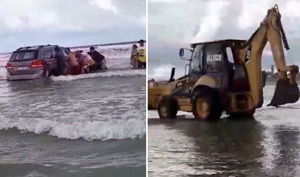Trator remove carro atolado na praia de Atalaia