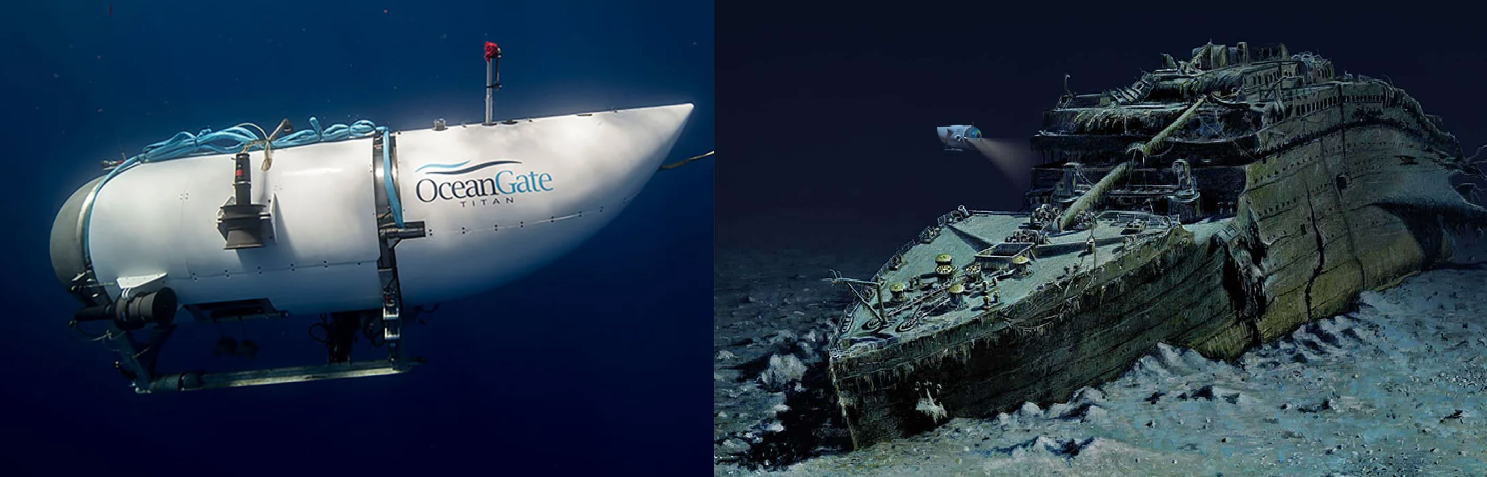 Submarino turístico à esquerda e destroços do Titanic à direita