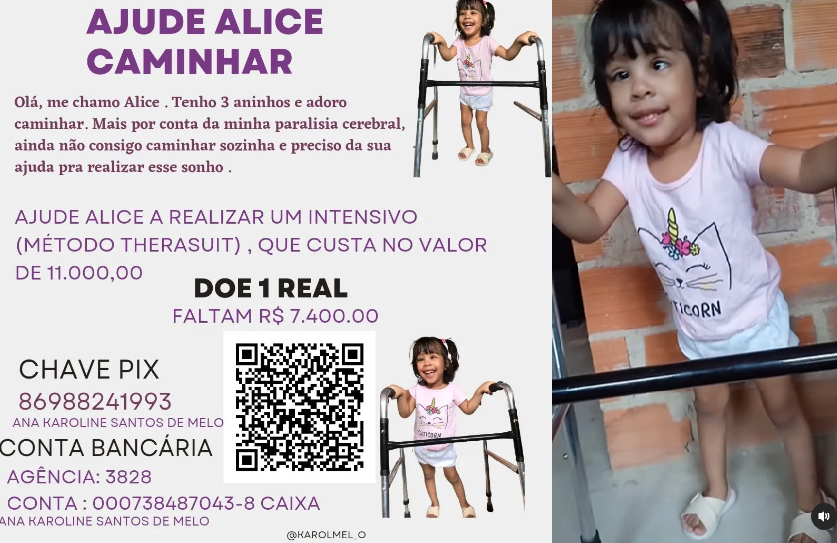 Campanha busca arrecadar valor para tratamento da pequena Alice