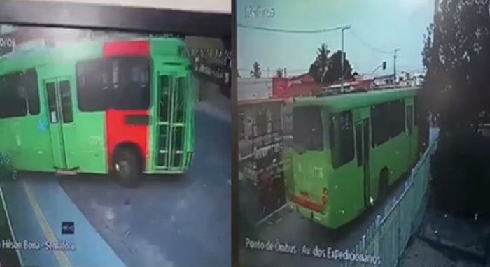 Ônibus desgovernado invade calçada na avenida dos Expedicionários