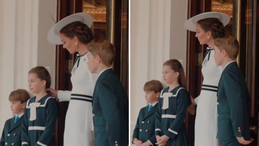Kate Middleton ao lado dos filhos George, Louis e Charlotte
