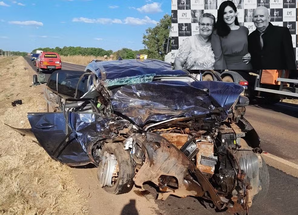 Carro onde estavam a defensora pública e seus pais ficou completamente destruído