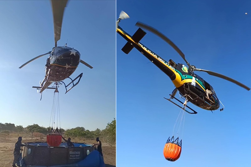 A aeronave atua no combate a incêndios florestais direto com o sistema bambi bucket