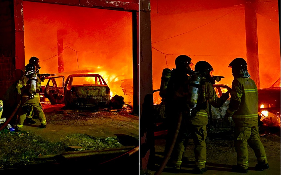 Corpo de Bombeiros combateu o fogo na oficina mecânica