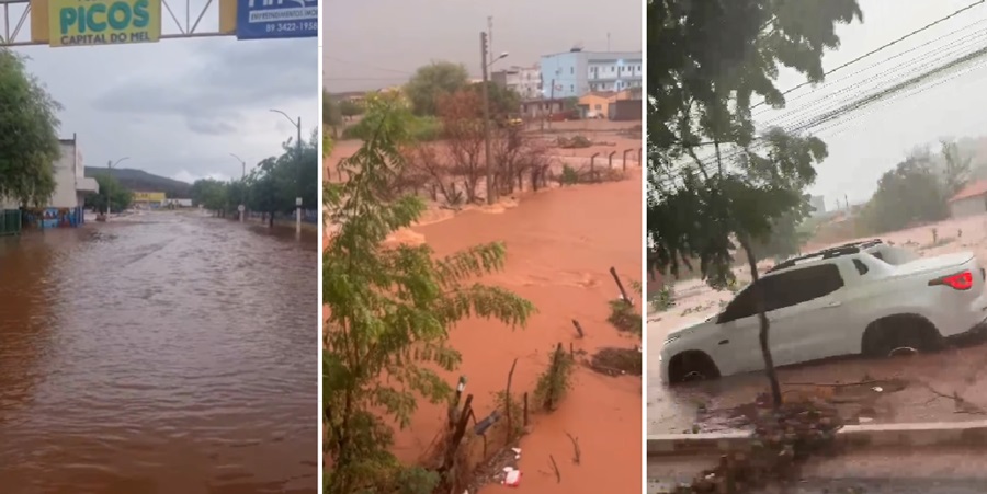 Chuva forte alaga ruas em Picos