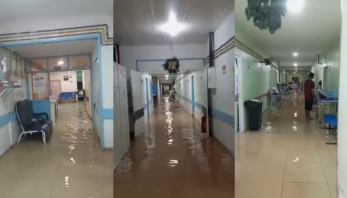 A água da chuva alagou vários setores do Hospital Regional Justino Luz