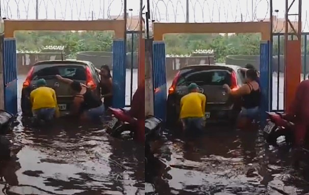 Funcionários da escola tentaram impedir que carro fosse arrastado pela água da chuva