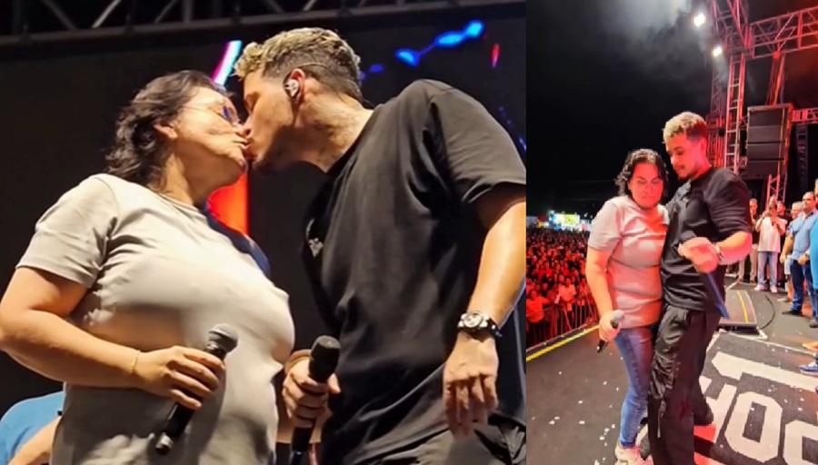 Jovê Oliveira surpreendeu a plateia ao beijar o cantor Felipe Amorim