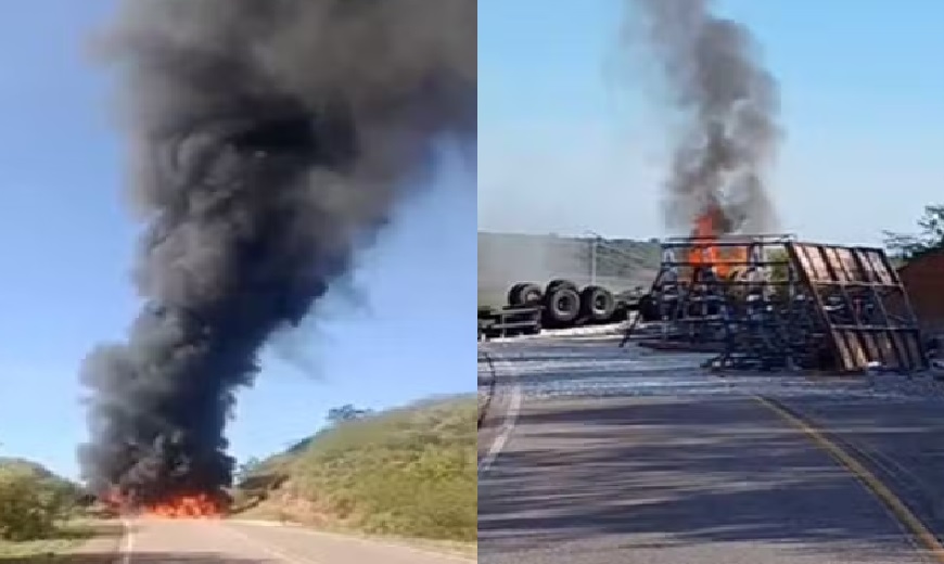 Caminhão carregado com vidro tomba e pega fogo na BR-020