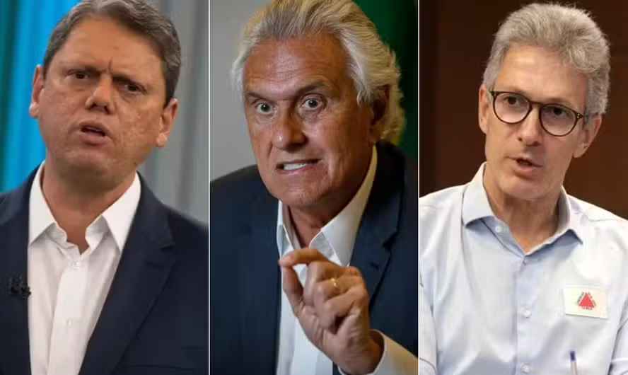 Os governadores Tarcísio de Freitas (Republicanos-SP), Ronaldo Caiado (União-GO) e Romeu Zema (Novo-MG)
