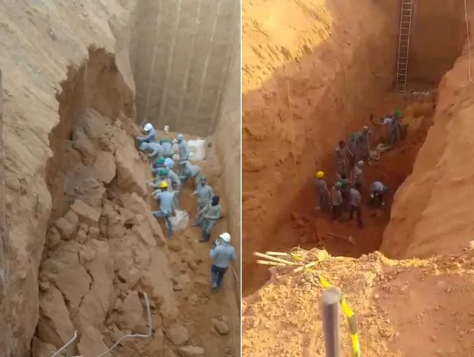Imagens divulgadas na época mostram trabalhadores escavando o local do acidente para retirar os corpos dos dois colegas de debaixo da terra