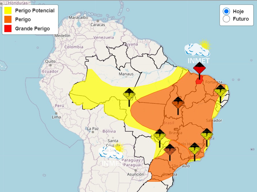 Mapa mostra o alerta de grande perigo de chuvas no Piauí