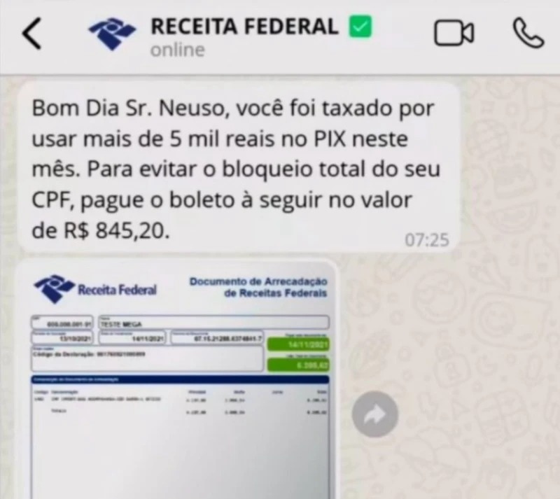 Criminosos criam perfil falso da Receita no Whatsapp para cobrar pelo uso do Pix